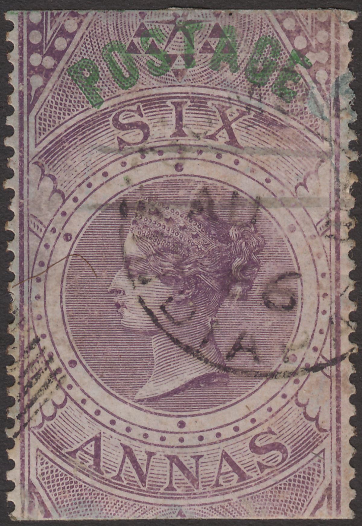 India 1866 QV Postage Overprint Revenue 6a Purple Used SG66 cat £150