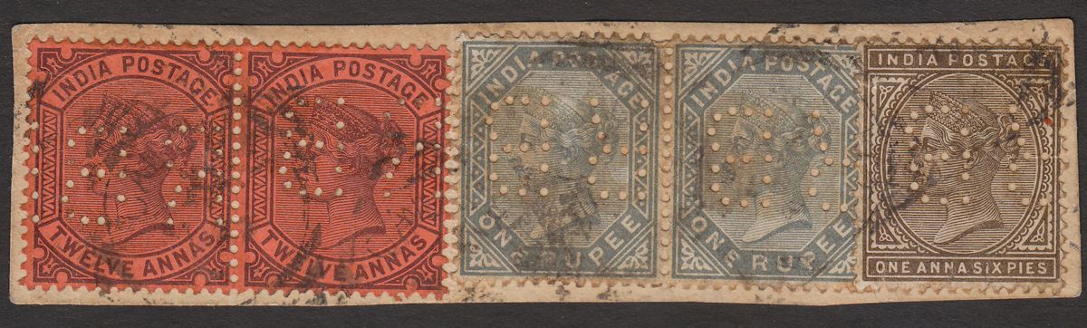 India 1882 Queen Victoria wmk Star 1r x2, 12a x2, 1a6p RB Perfins Used on Piece