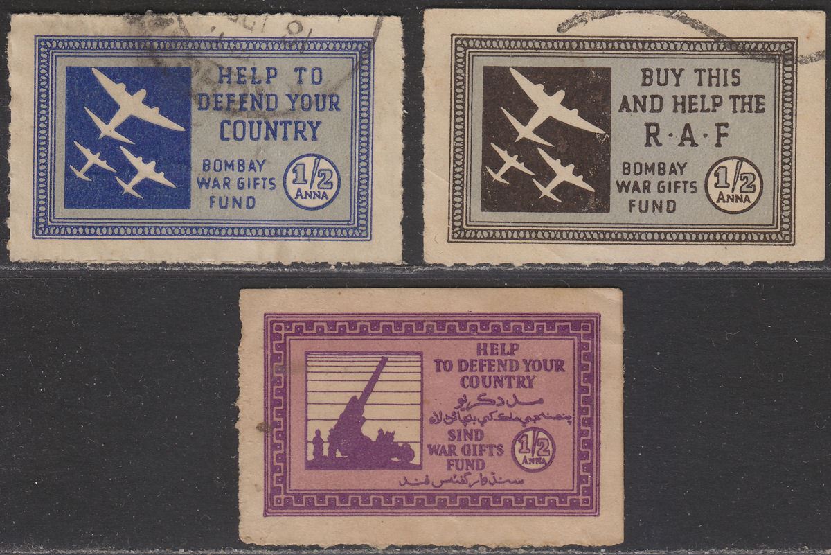 India c1942 WWII Bombay / Sind War Gifts Fund ½a Charity Labels Used