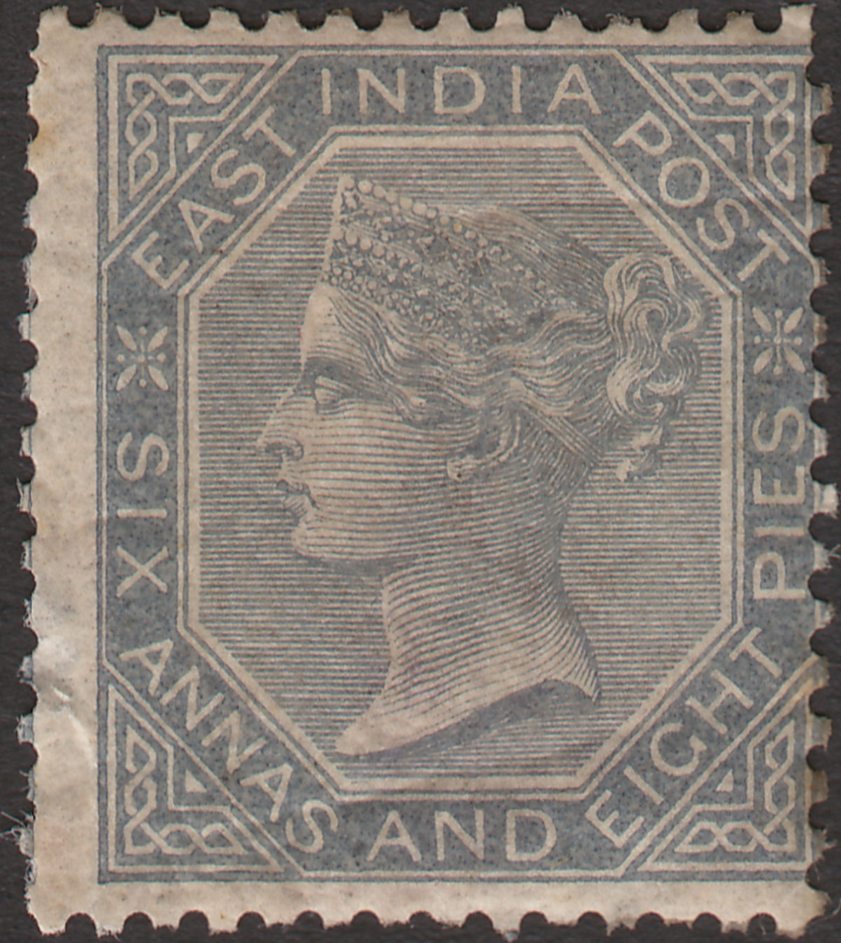 India 1867 QV 6a8p Slate Mint SG72 cat £120 FAULTY