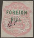 Click for more photos and details India 1860 QV Revenue Foreign Bill Embossed 4a Pink and Green Used BF1