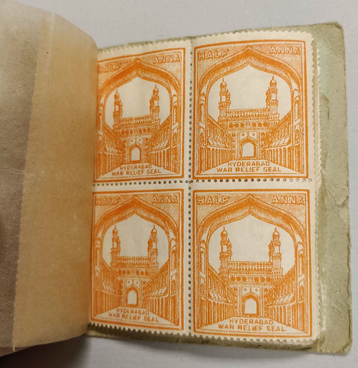 India Hyderabad War Relief Seal ½a Orange Mint pt Booklet with 26 stamps damaged