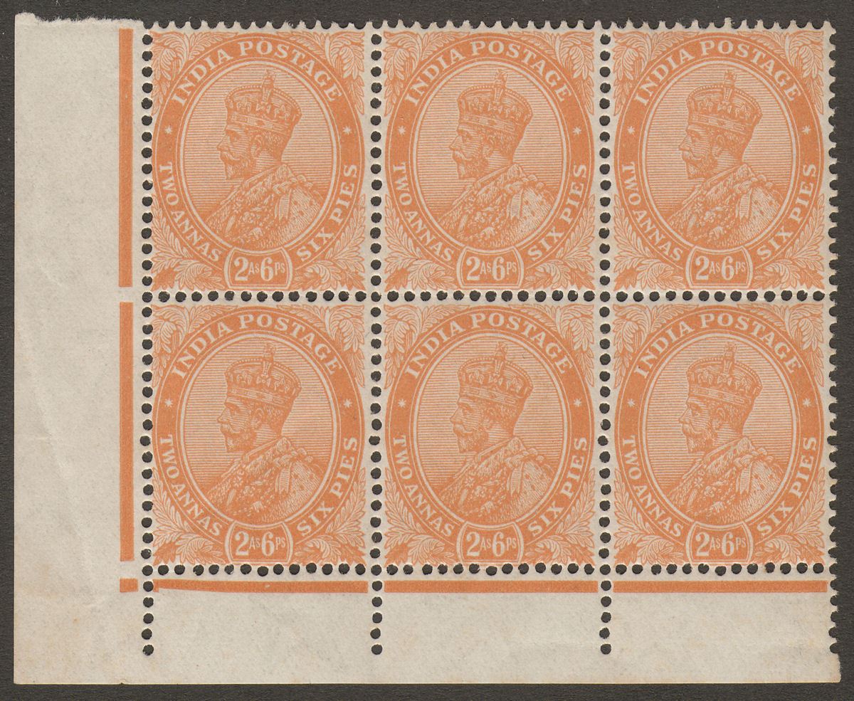 India 1926 King George V 2a6p Orange Block of 6 Mint SG207 cat £36