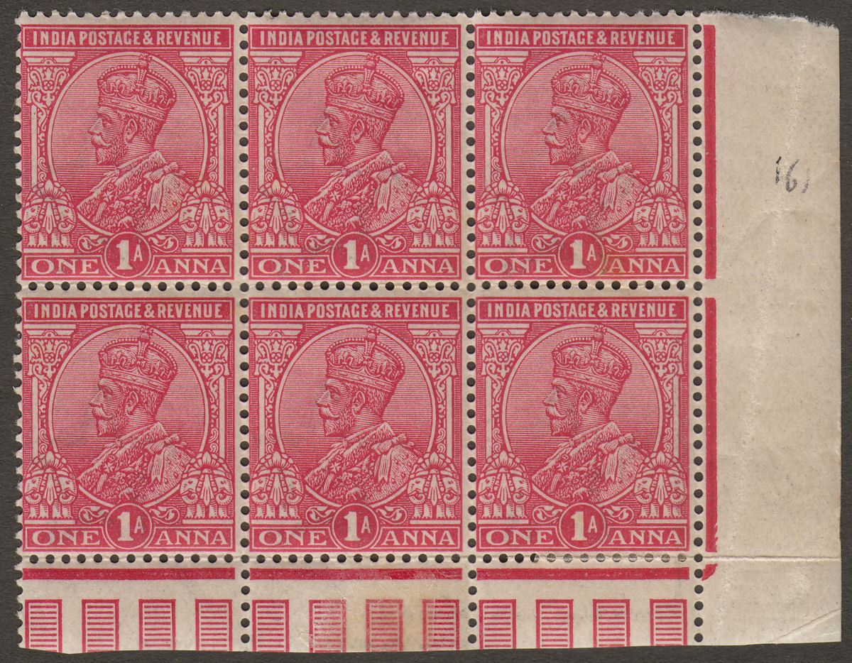India 1911 King George V 1a Carmine Block of 6 Mint SG161 cat £28