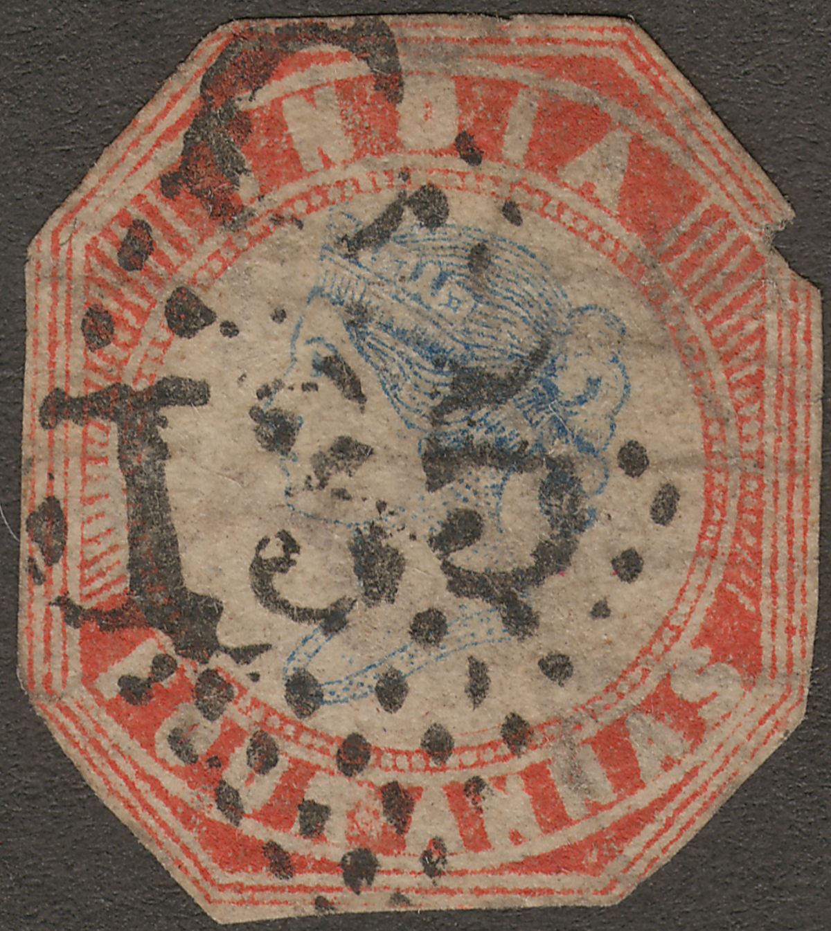 India 1854 QV 4a Blue + Red Die II Frame I Used SG19 cat£700 cut to shape faults