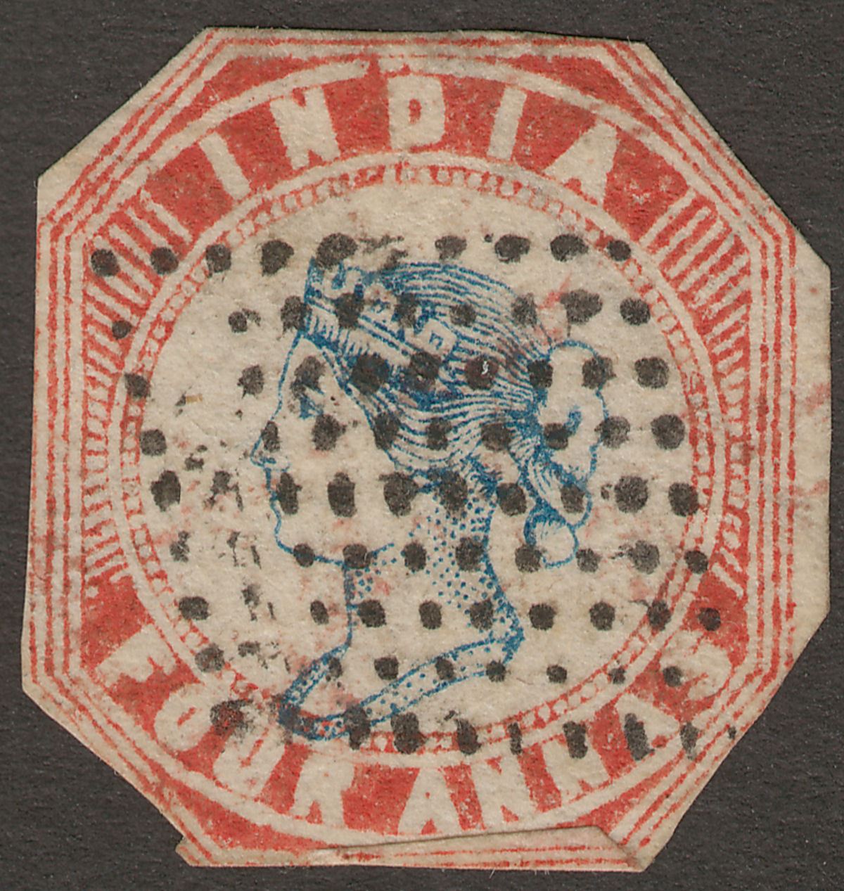 India 1854 QV 4a Indigo + Red Die II Frame I Used SG20 cat £750 cut to shape