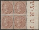 Click for more photos and details India 1865 QV 1a Pale Brown Marginal Block of 4 Mint SG58 cat £80
