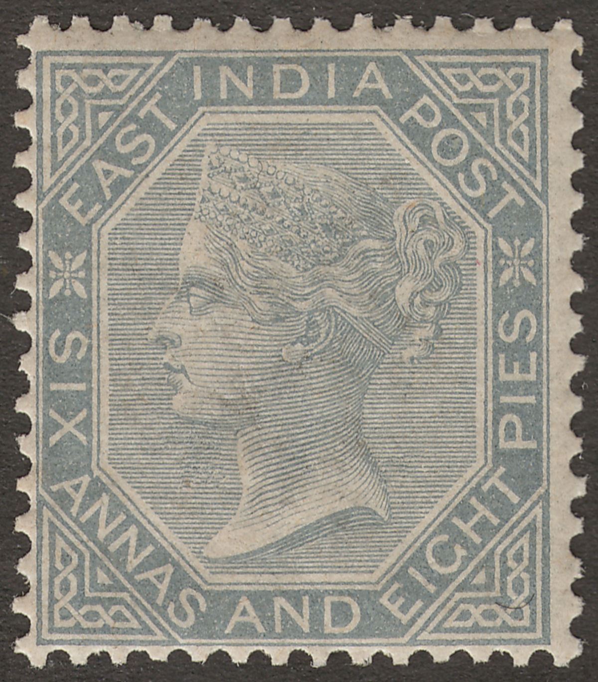 India 1867 QV 6a8p Slate Mint SG72 cat £110 with toned yellow gum