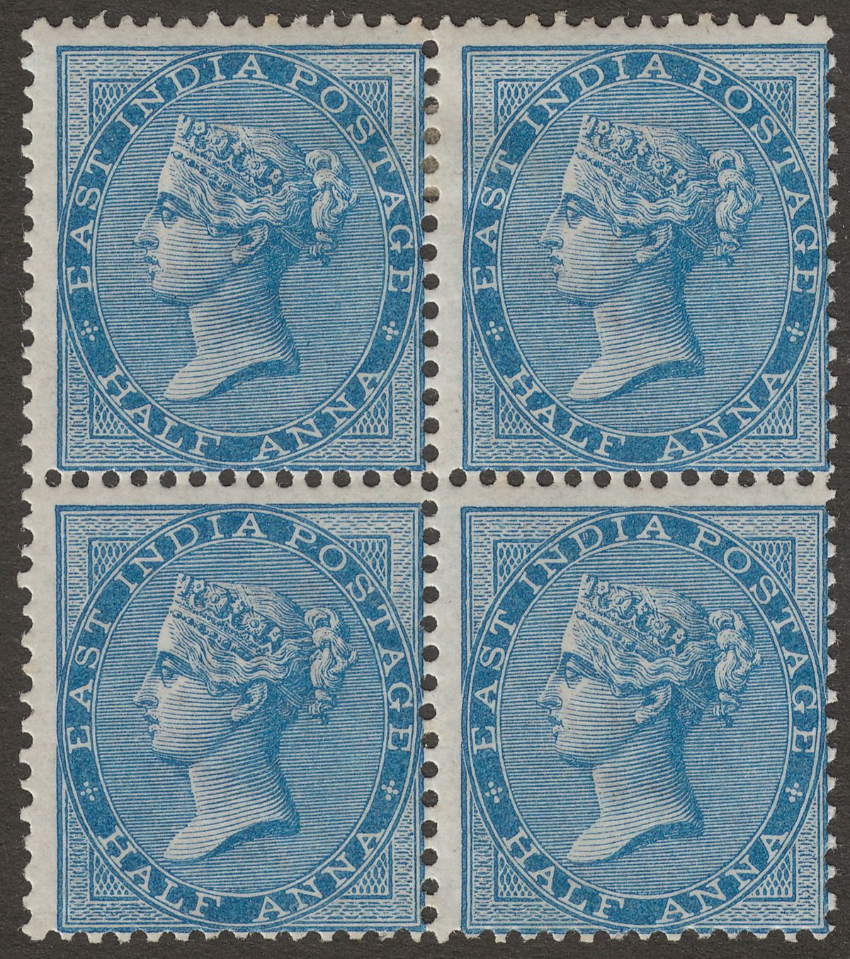India 1873 QV ½a Deep Blue Die II Block of 4 Mint SG75 cat £64