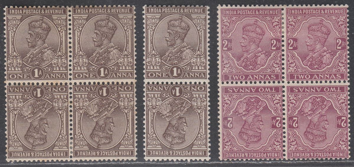 India 1932-33 KGV 1a Chocolate, 2a Purple Tete-Beche Blocks Mint SG203a SG206a