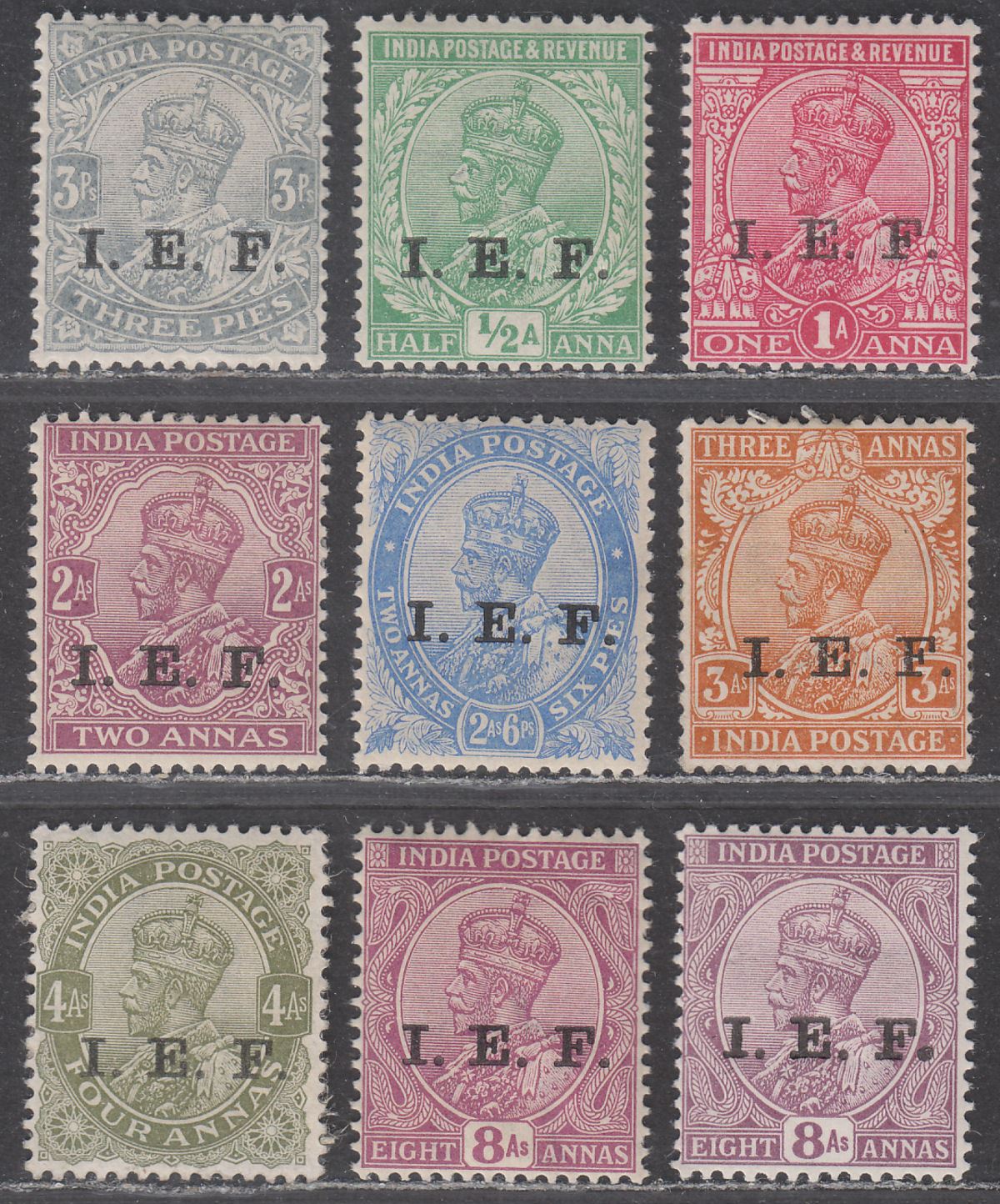 India 1914 KGV Indian Expeditionary Forces IEF Opt Set to 8a Mint SG E1-E10
