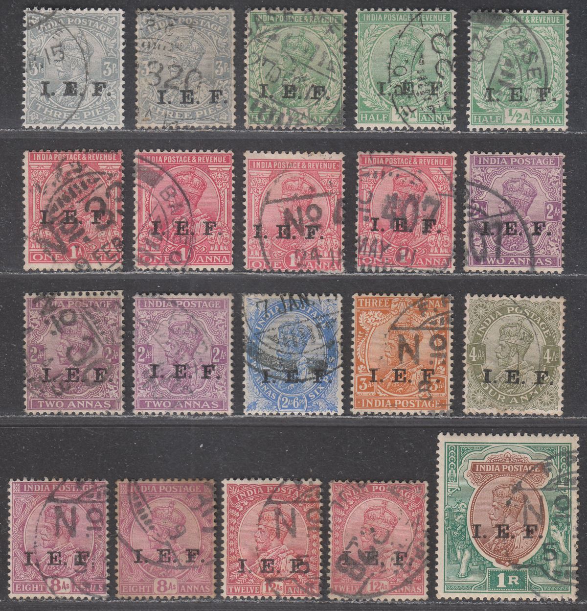 India 1914 KGV Indian Expeditionary Forces IEF Overprint Set Used SG E1-E13
