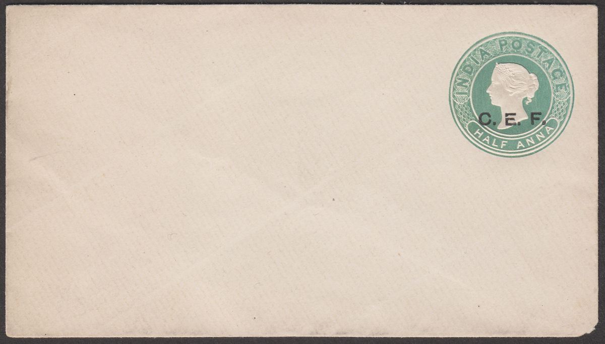 India QV CEF Overprint ½a Green Postal Stationery Cover Unused