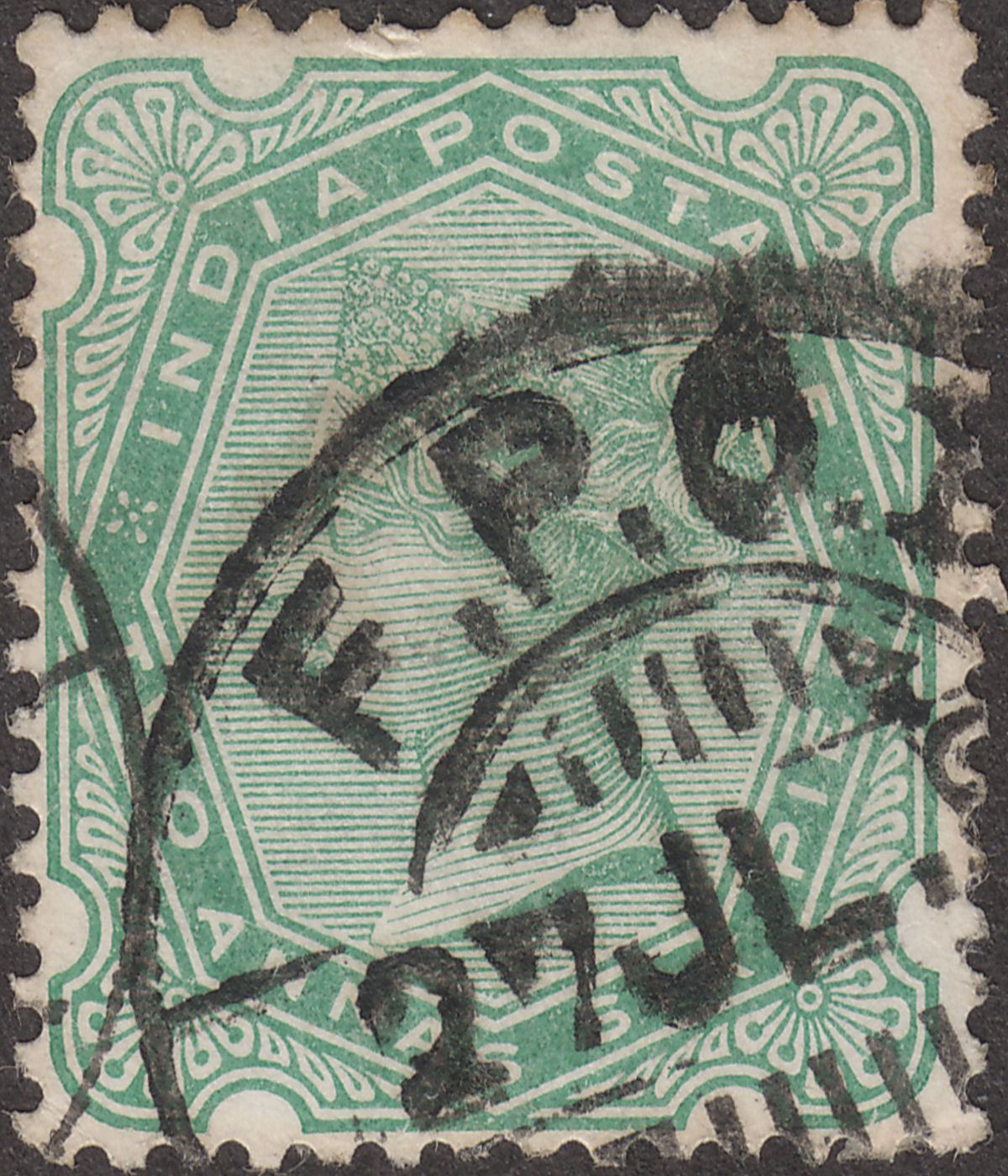 India 1892 Queen Victoria 2a6p Yellow-Green Used with FPOI Postmark