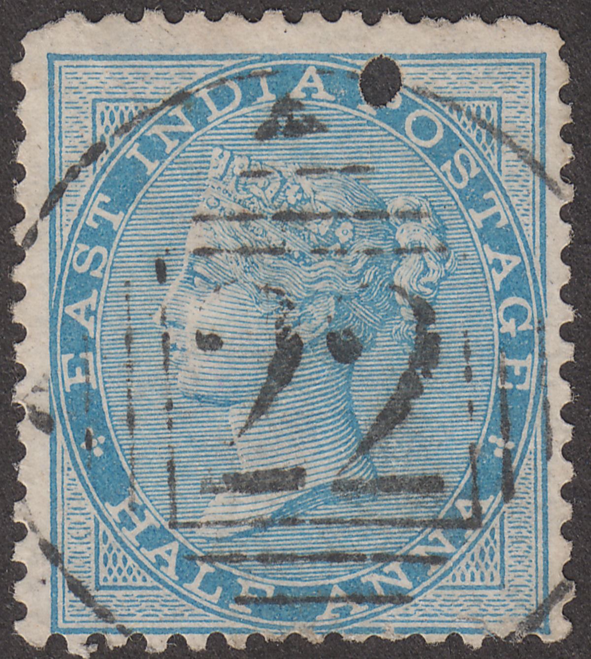 India used Bandar Abbas 1865 QV ½a Blue Used w Numeral 22 Postmark SG Z46 w HOLE