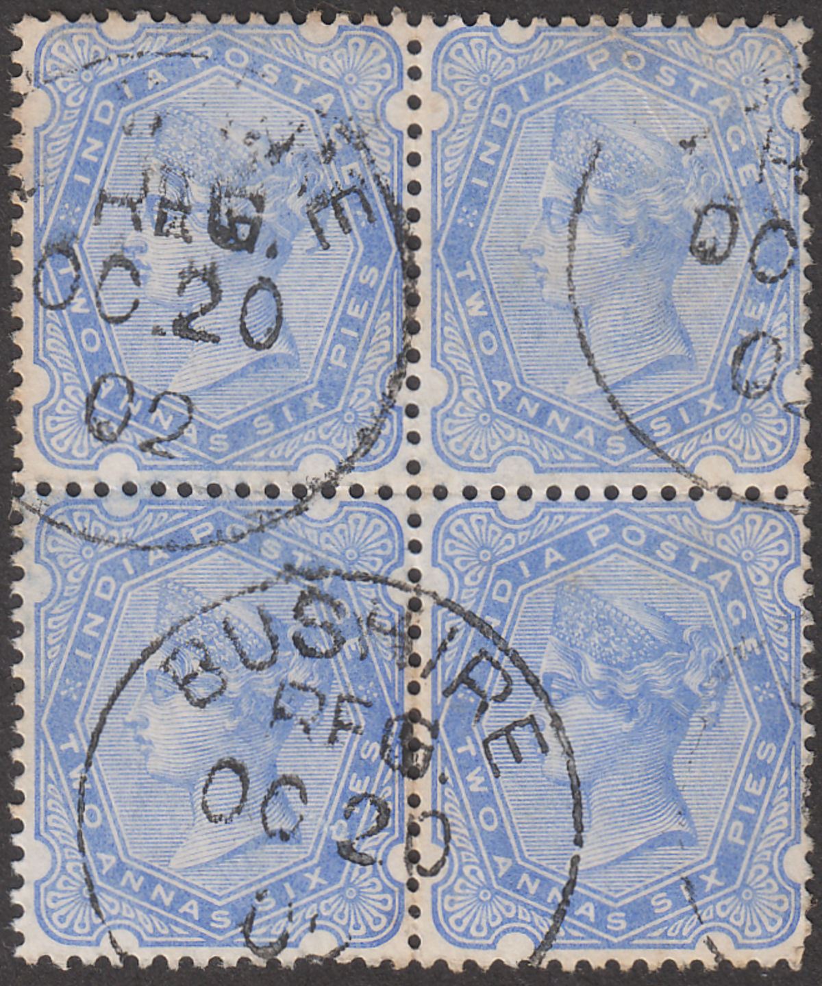 India used Bushire 1902 QV 2a6p Ultramarine Block Used BUSHIRE Postmarks SG Z154