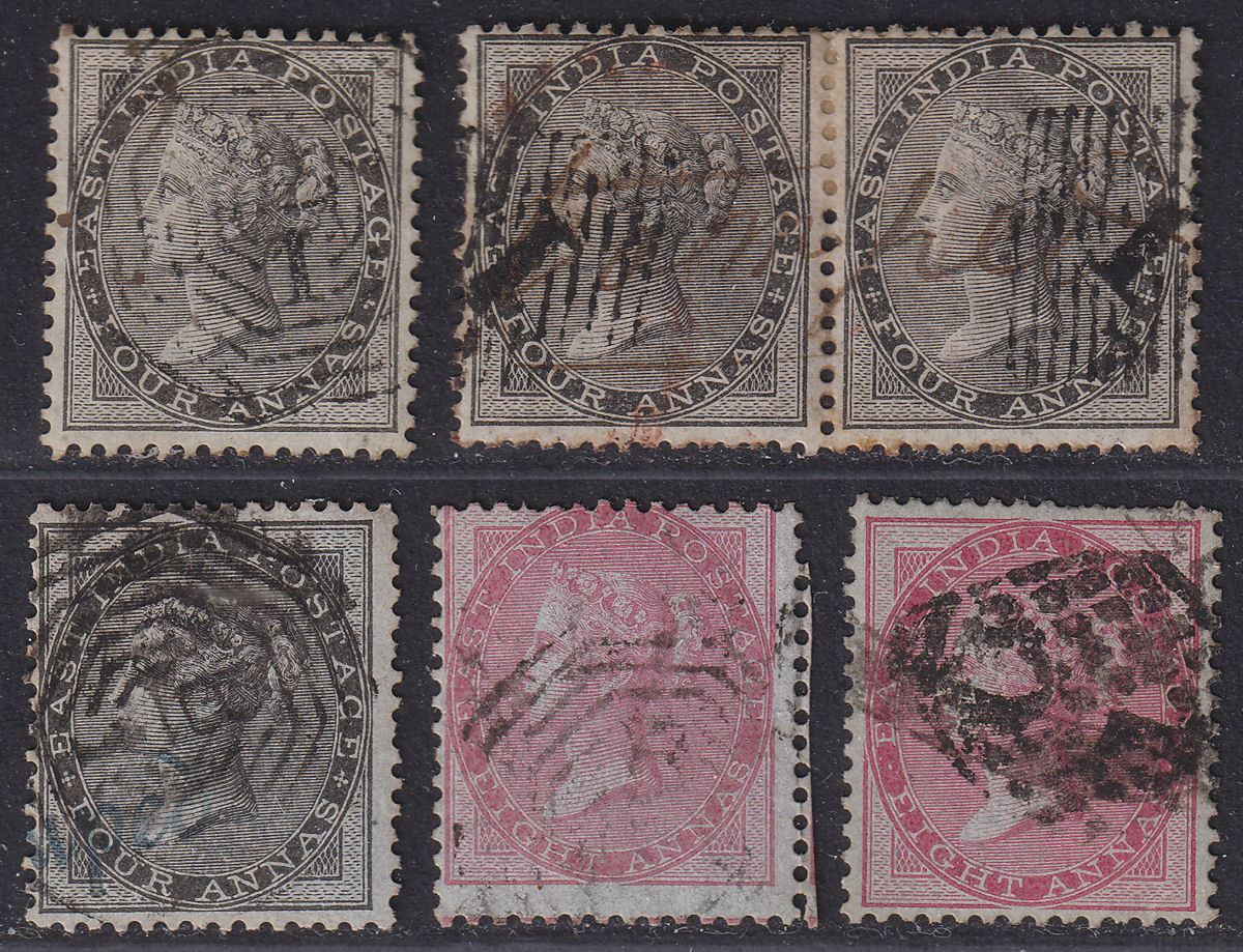 India 1855 QV 4a Black, 8a Carmine on Blue Paper Selection Used SG35-36