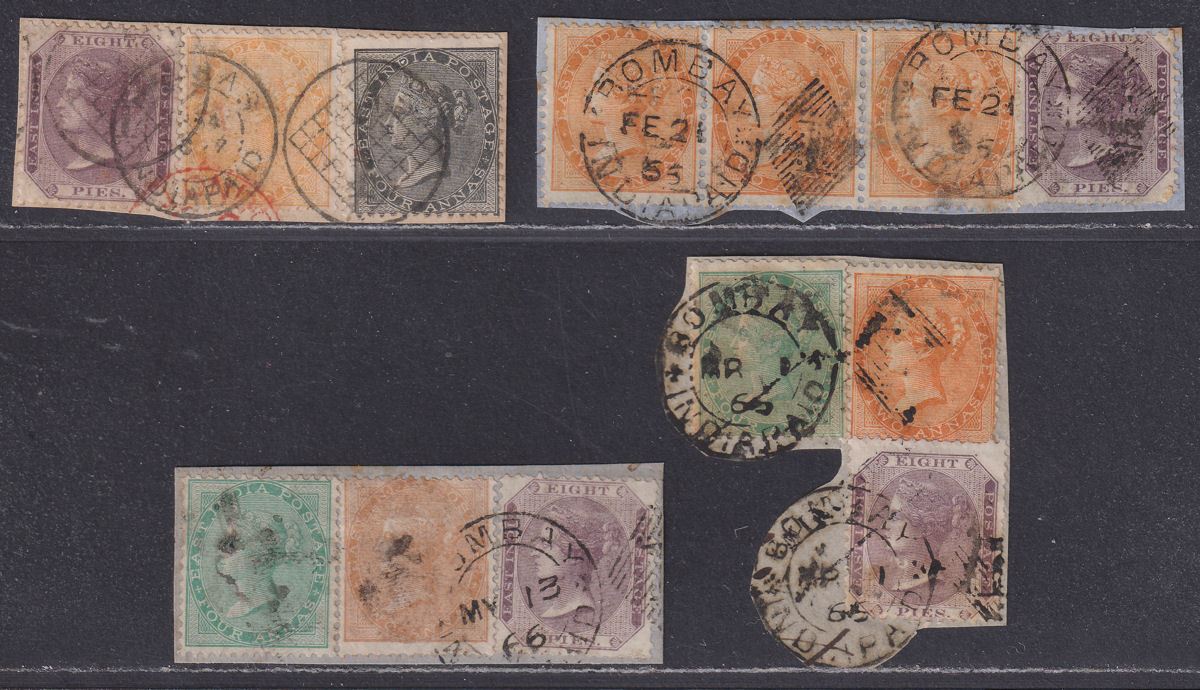 India 1856-65 QV 4a, 2a, 8p Selection Used on Pieces