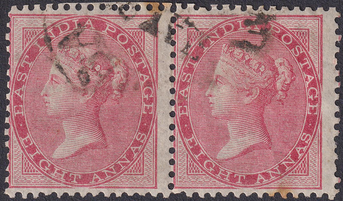 India 1856 QV Unwatermarked 8a Carmine Pair Used SG48 cat £90