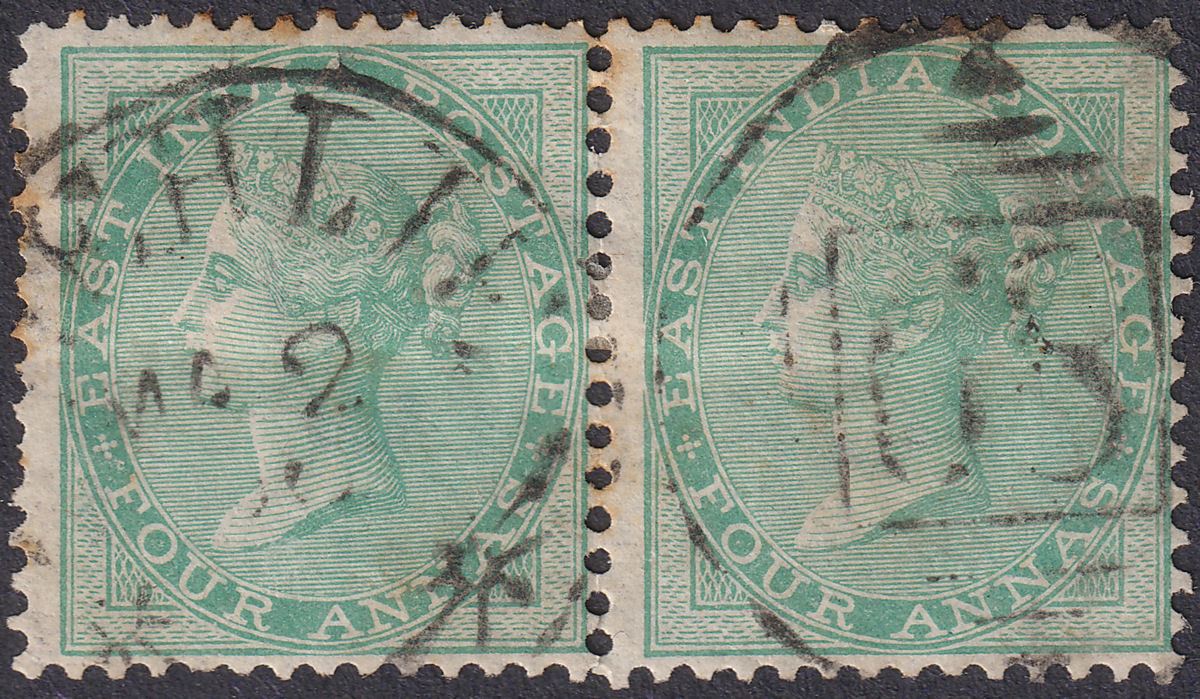 India 1865 QV 4a Green Pair Used SG64 cat £84