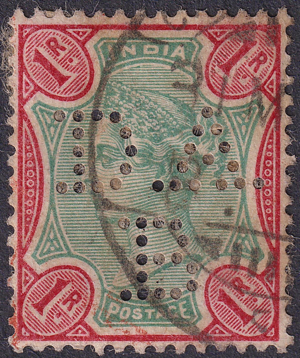 India 1892 QV 1r Green and Aniline Carmine DAB Perfin Used SG106