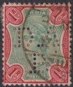 Click for more photos and details India 1892 QV 1r Green and Aniline Carmine DAB Perfin Used SG106