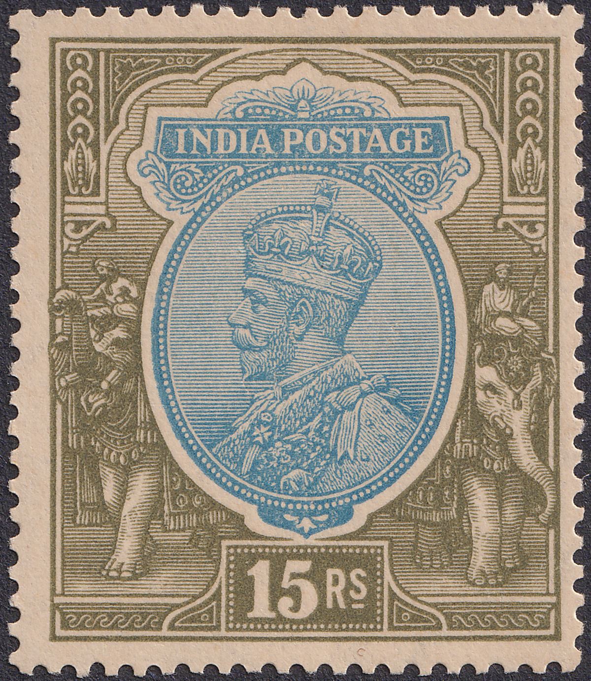 India 1928 KGV 15r Blue and Olive watermark Stars Inverted Mint SG218w cat £48