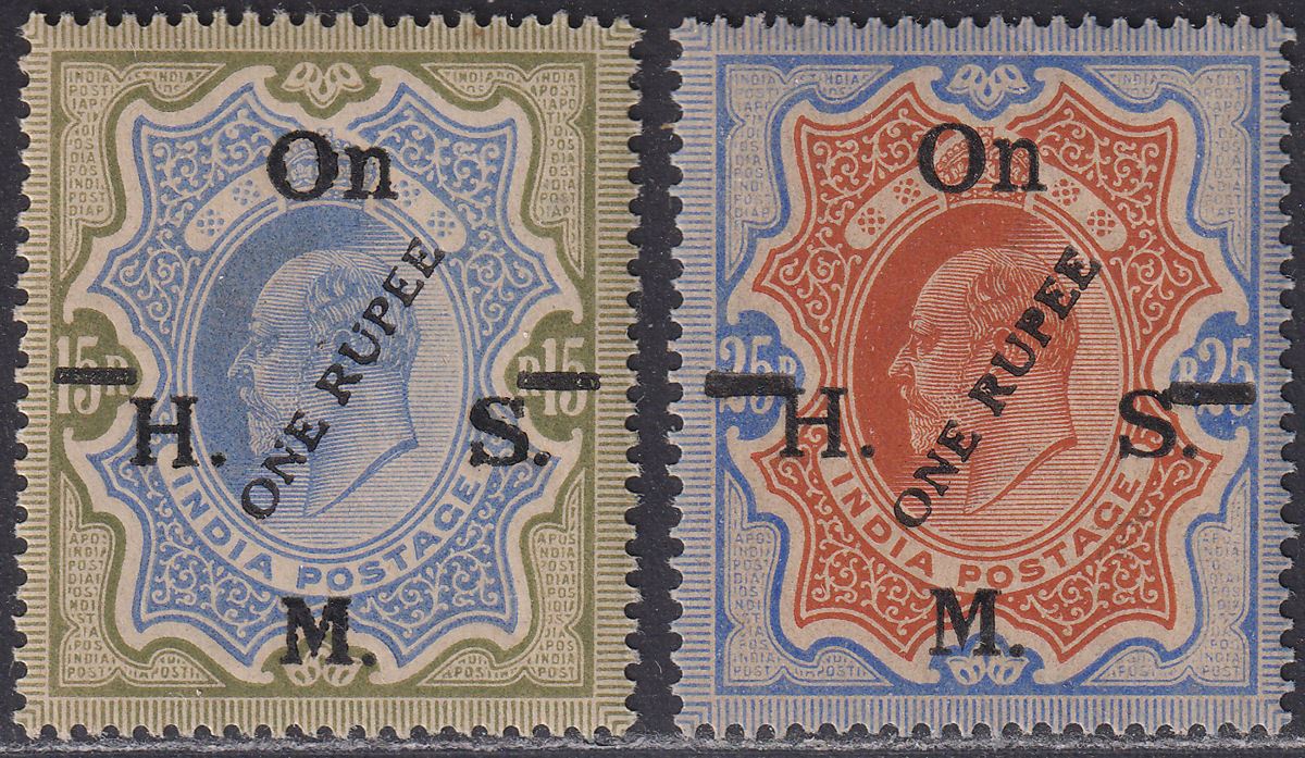 India 1925 KEVII Official 1r on 15r, 1r on 25r Surcharge Mint SG O99-O100 cat£55