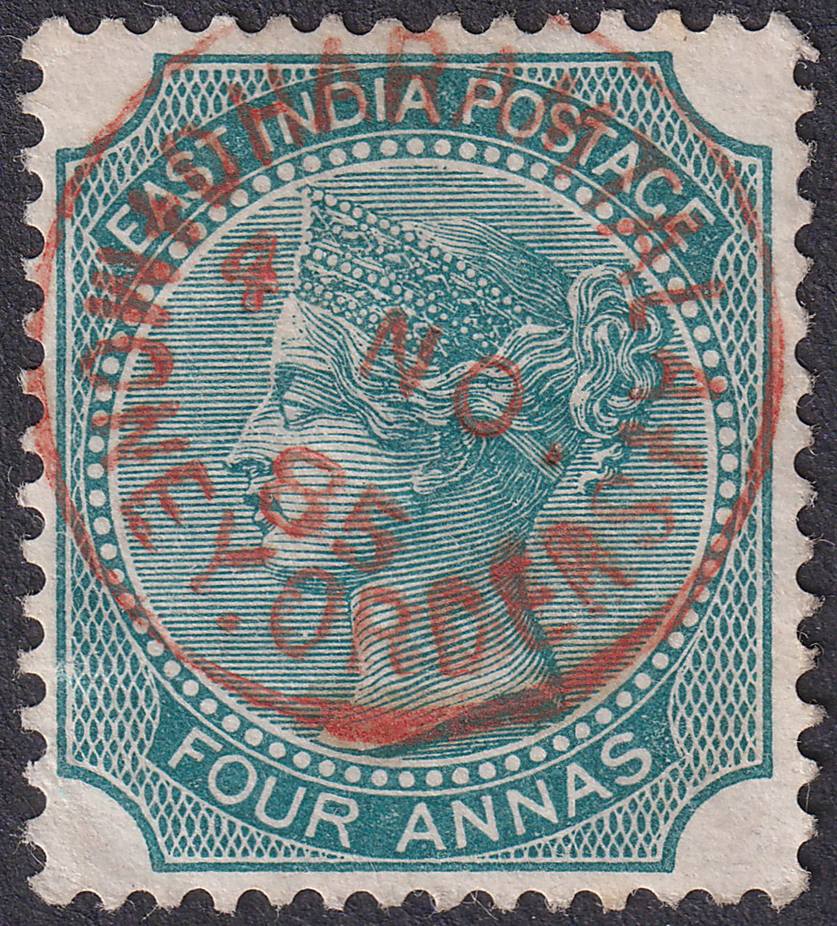 India 1885 QV 4a Blue-Green Die II Used with DHARAMTALA MONEY ORDERS Postmark