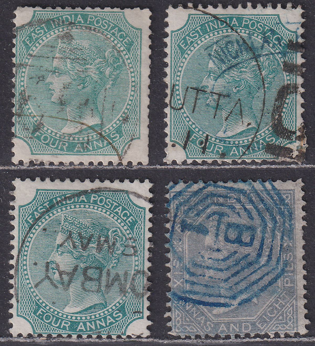 India 1866 QV wmk Elephant 4a Green Shades, 6a8p Used SG69-72