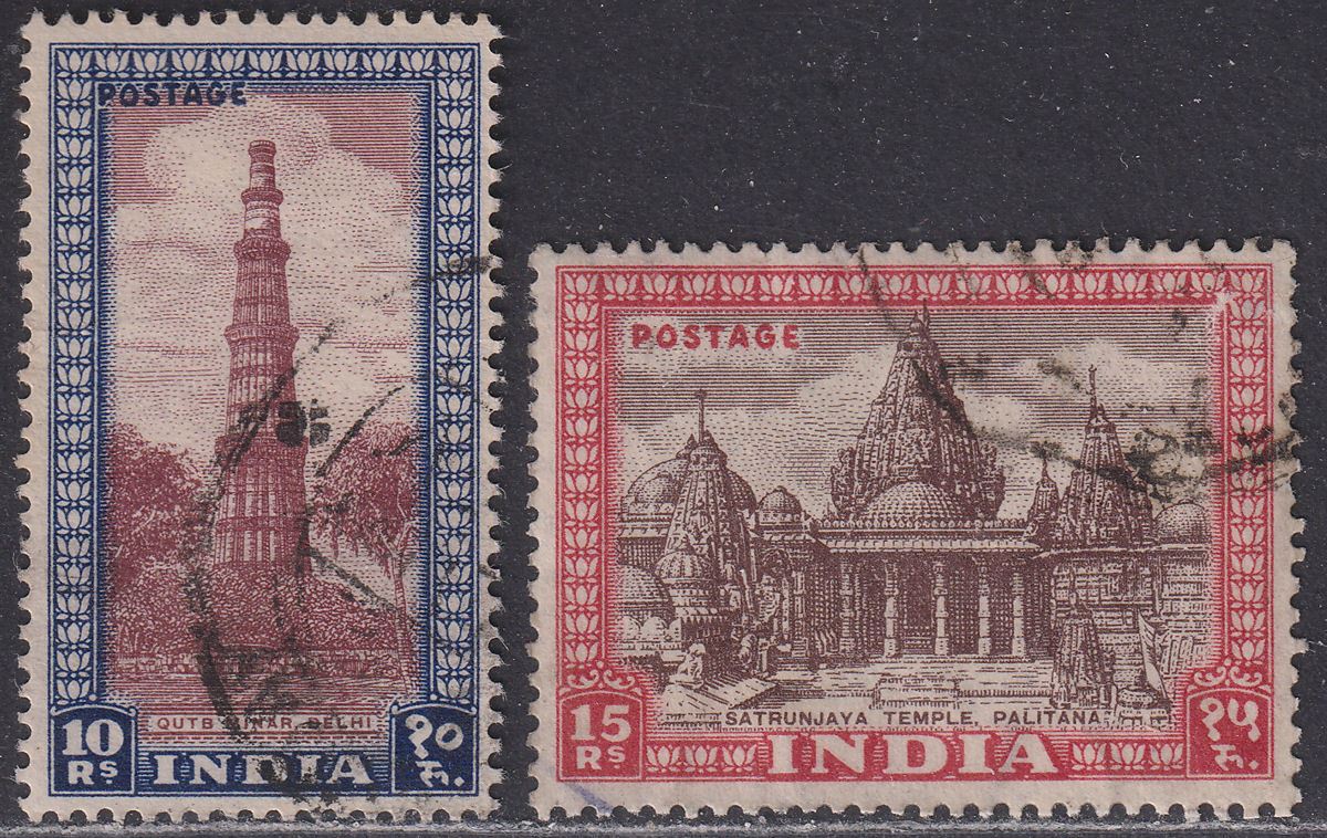 India 1949 Archaeology Qutb Minar 10r, Satrunjaya Temple 15r Used SG323-324 