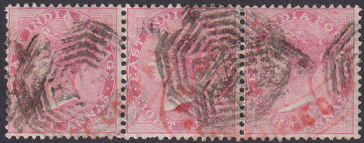 India 1868 Queen Victoria 8a Pale Rose Die II Strip of 3 Used SG73 cat £27