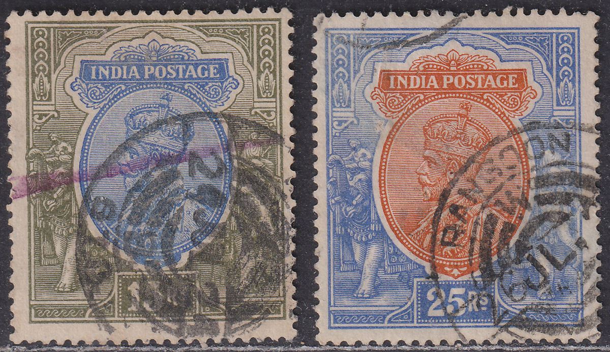 India 1913 King George V 15r, 25r Used SG188 SG190-191 Telegraph Cancels