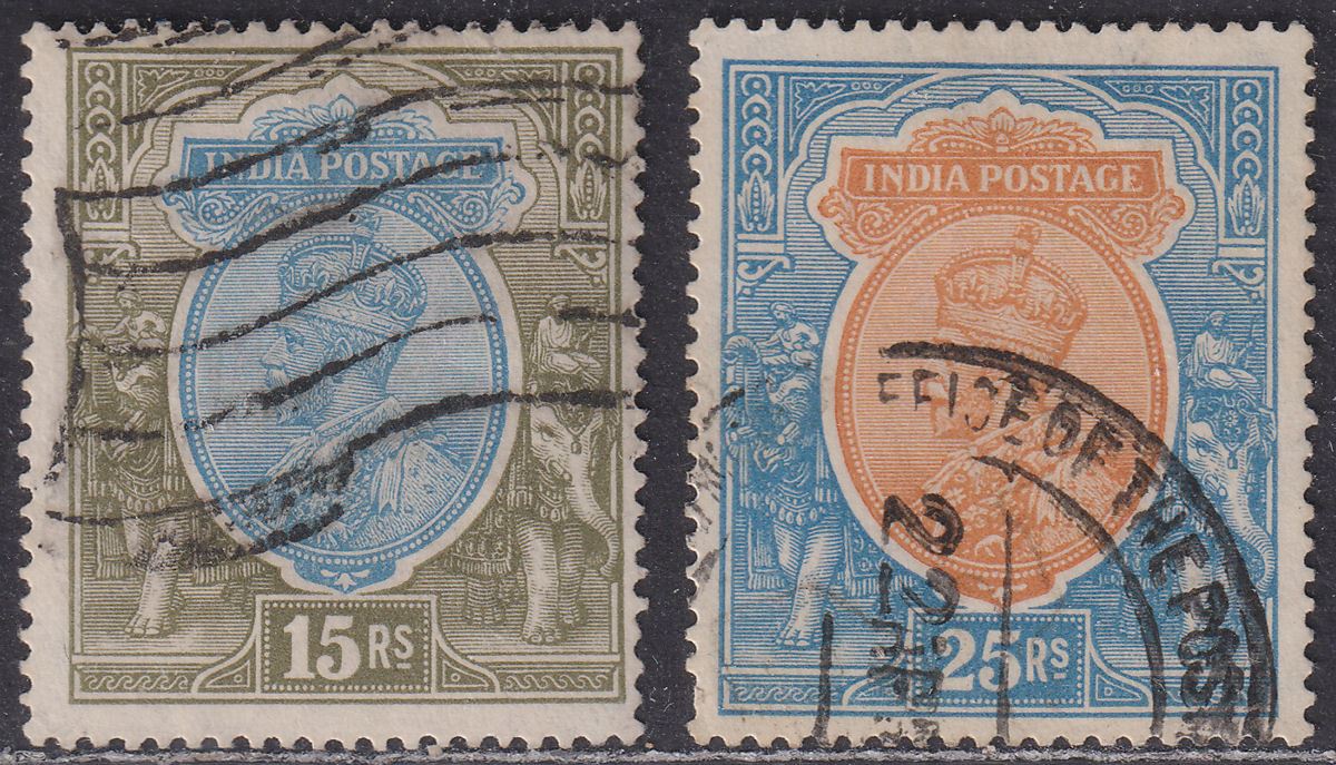India 1928 KGV 15r, 25r wmk Multi Stars Inverted Used SG218w-219w cat £100