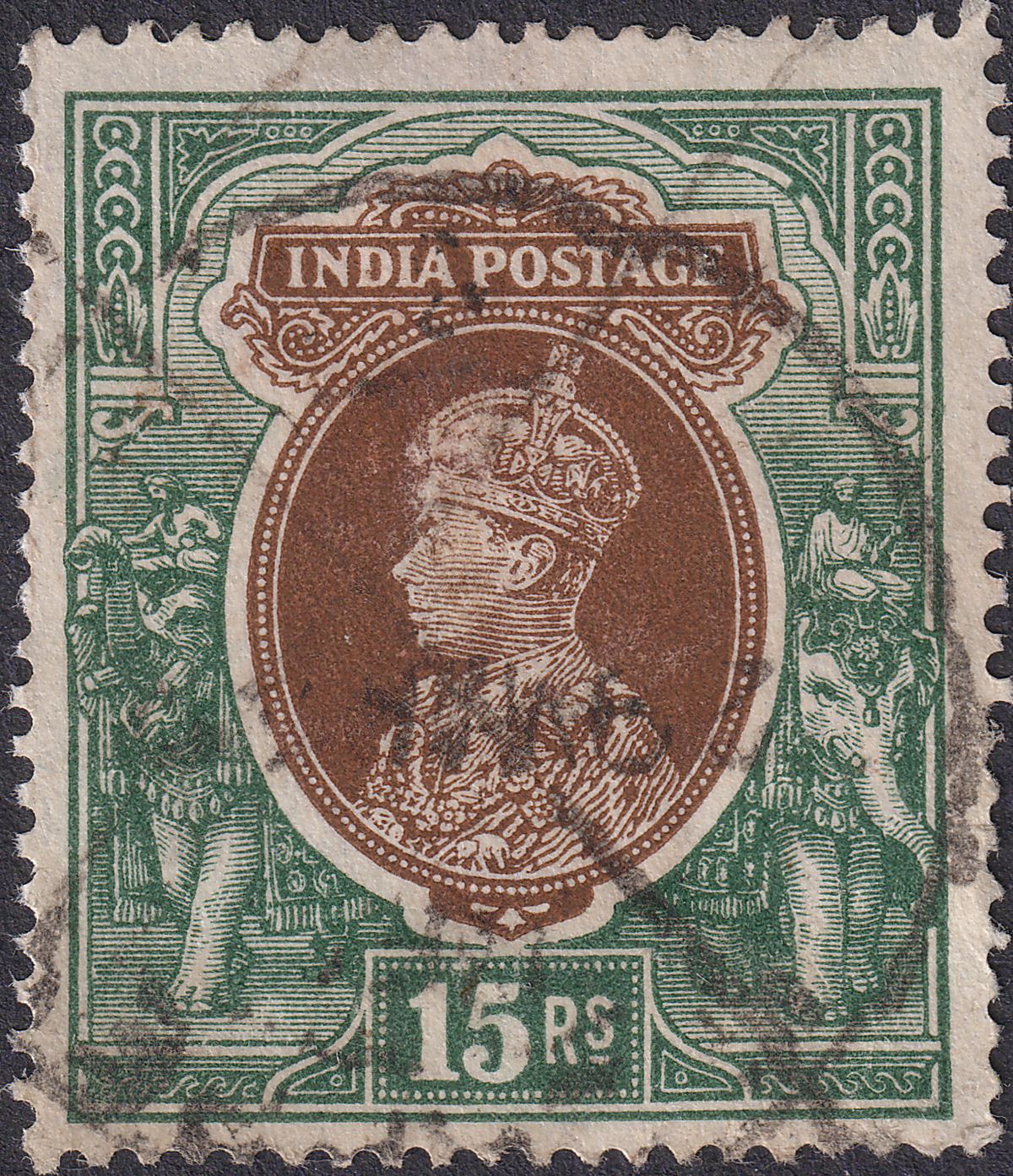India 1937 KGVI 15r Brown and Green Used SG263 cat £110