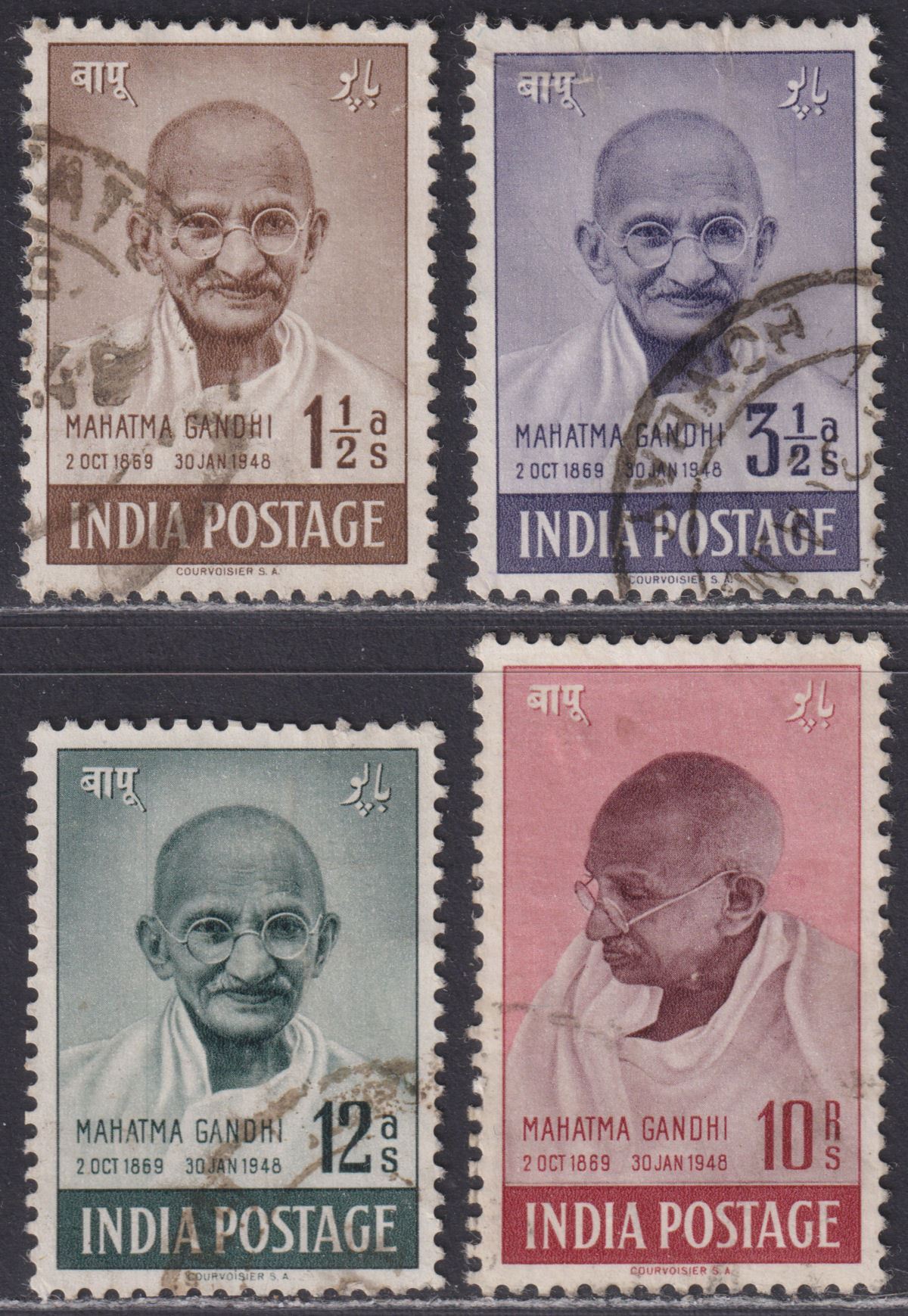 India 1948 Anniv Independence Gandhi Set Used SG305-308 cat £140 FAULTS