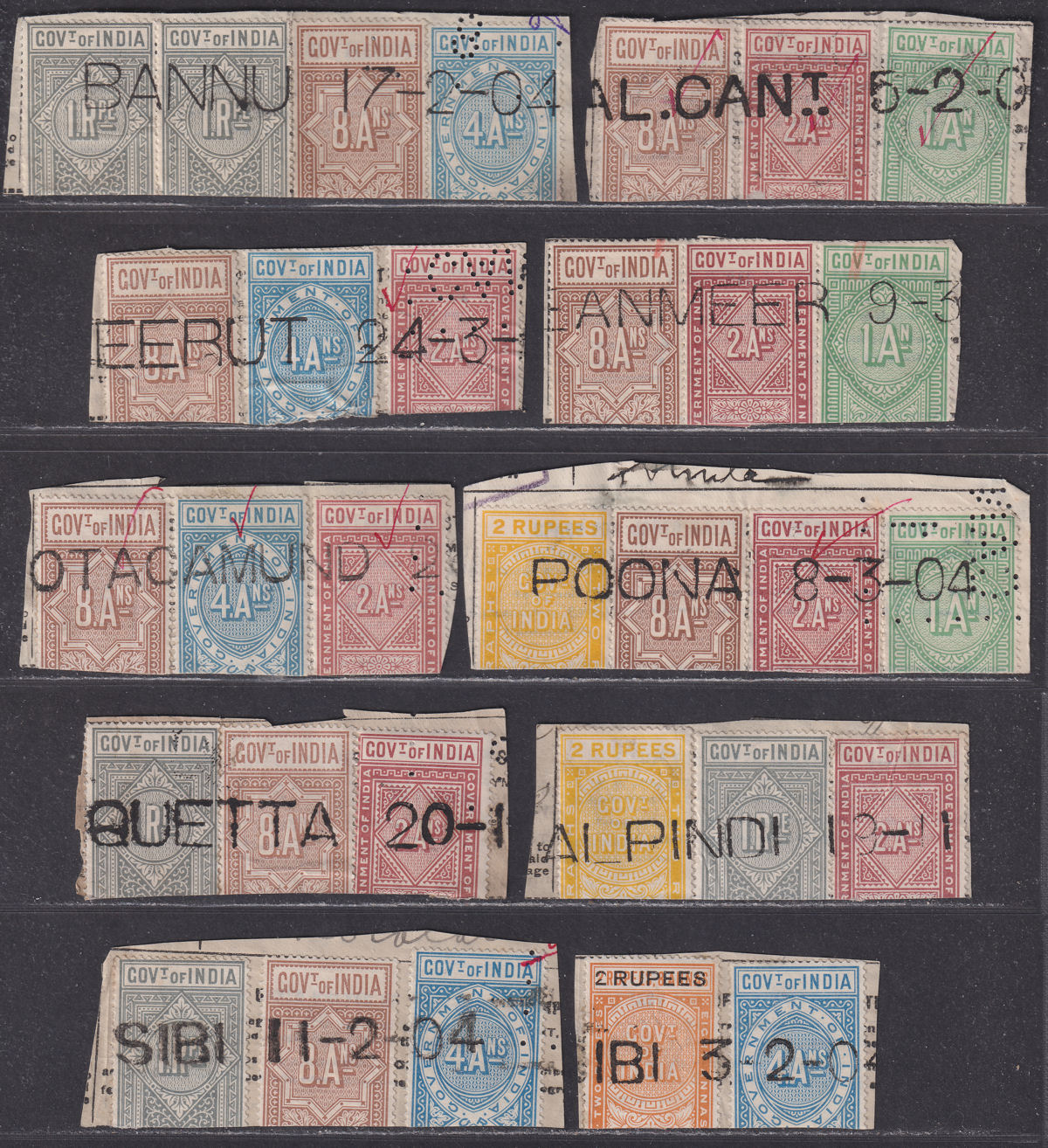 India QV/KEVII Telegraph Stamp Halves Used Pieces inc BANNU, OOTACAMUND Cancels