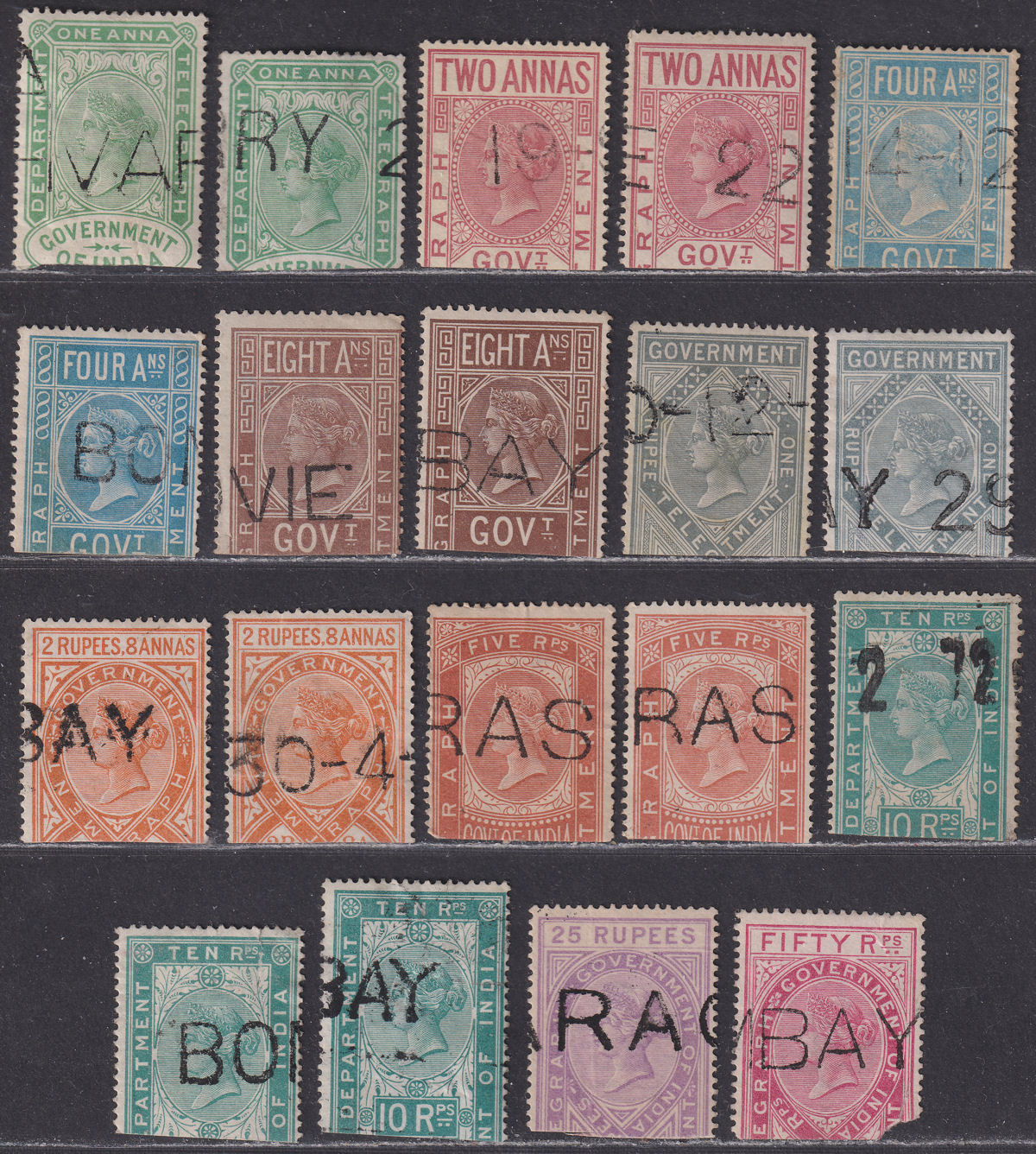 India QV 1869-78 Telegraph Selection to 50r Used Halves