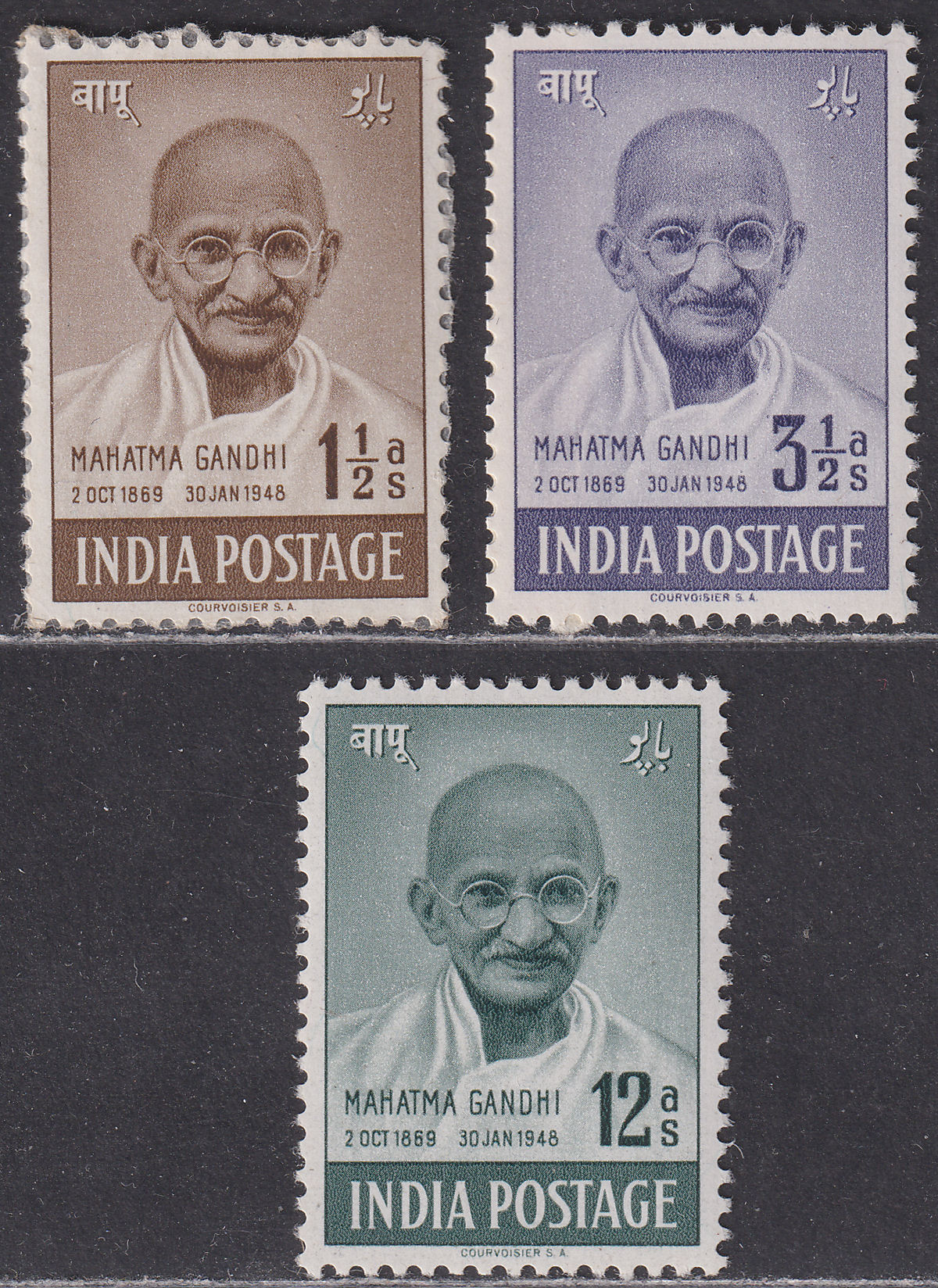 India 1948 First Anniv Independence Gandhi Set to 12a Mint SG305-307 cat £55