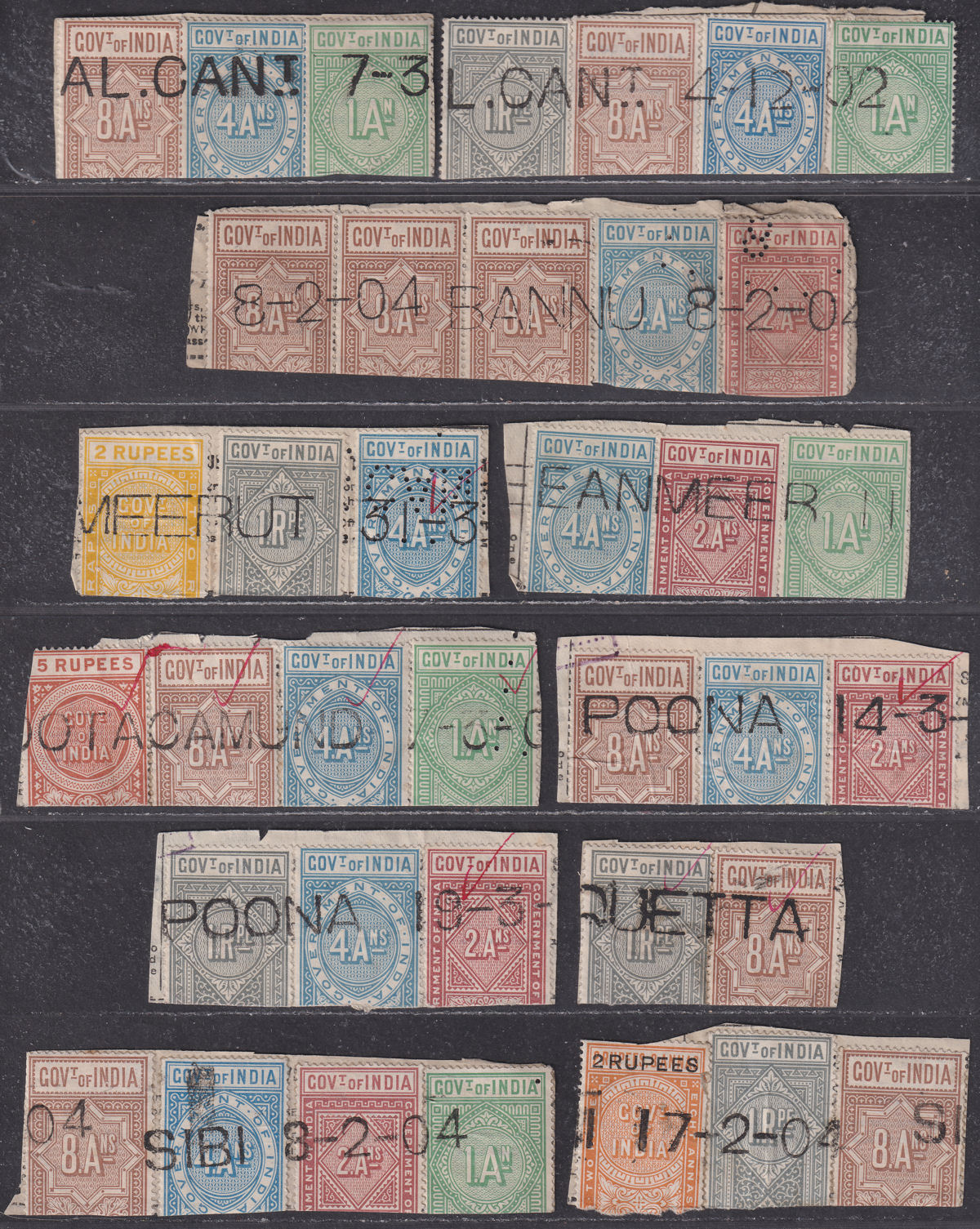 India QV/KEVII Telegraph Stamp Halves Used Pieces inc BANNU, OOTACAMUND Cancels