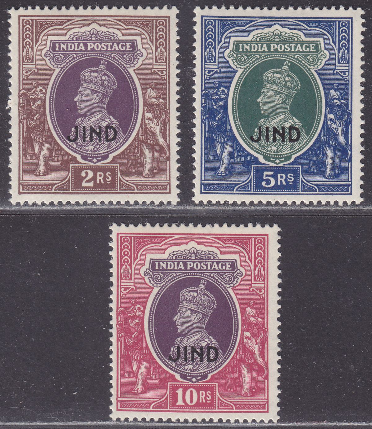 Indian States Jind 1941 KGVI Overprint 2r, 5r, 10r Mint SG132-134 cat £125