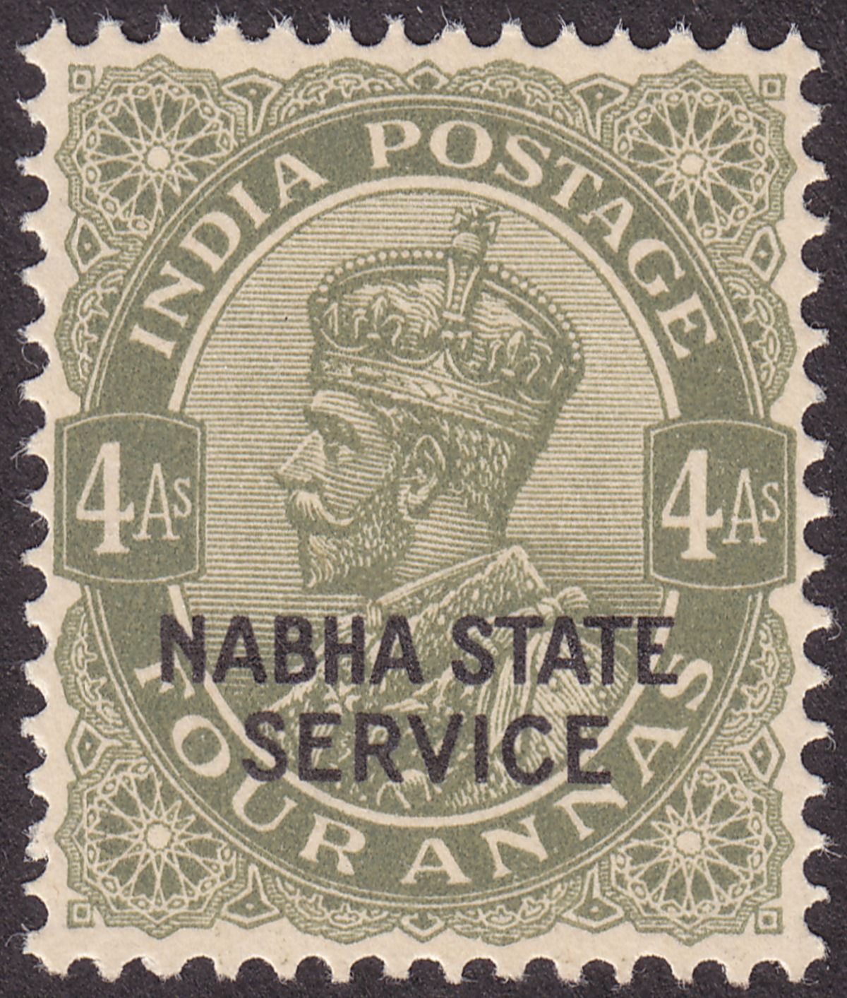 Indian States Nabha 1942 KGV Official Overprint 4a Sage-Green Mint SG O49 c £29