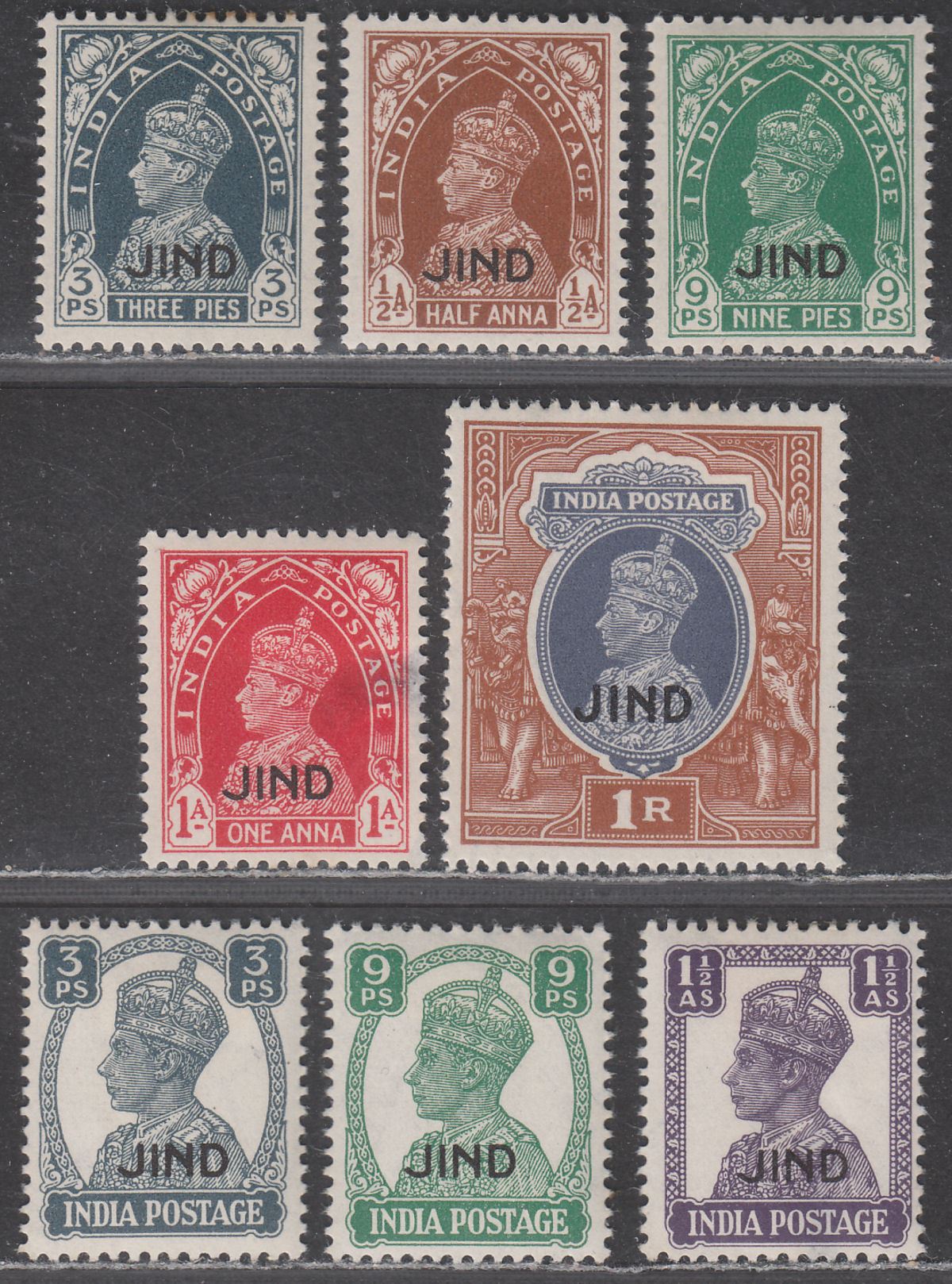 Indian States Jind 1941-43 KGVI Overprint Selection to 1r Mint