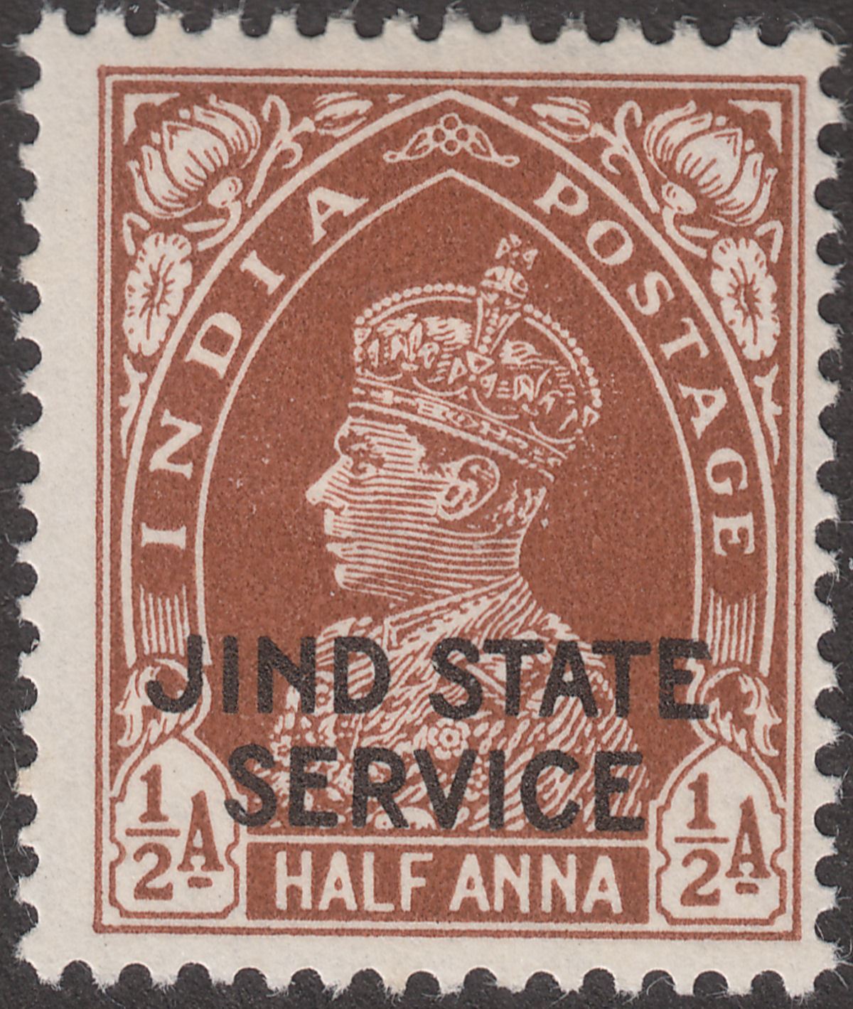 Indian States Jind 1938 KGVI Official Overprint ½a Red-Brown Mint SG O66 cat £85
