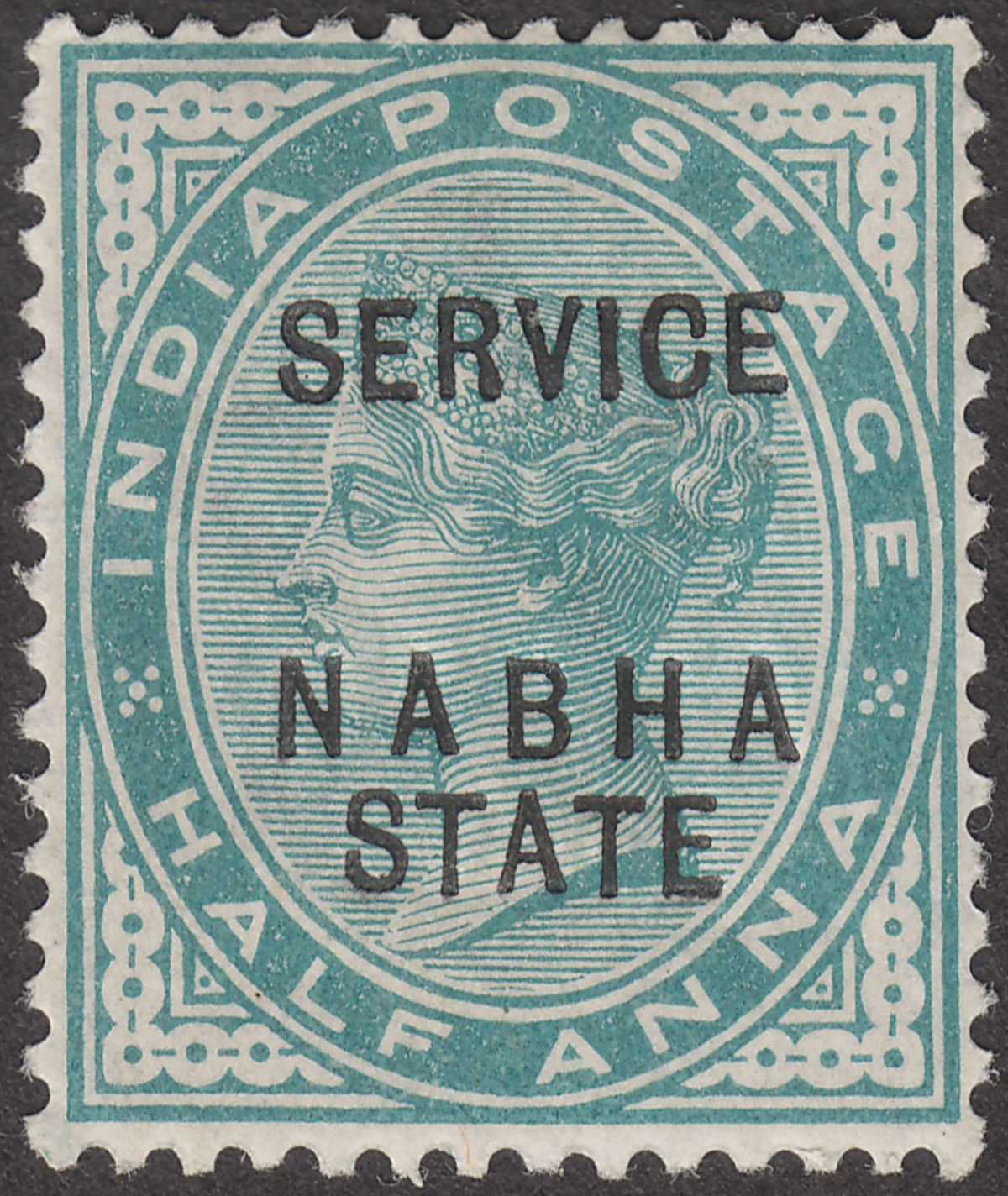 Indian States Nabha 1885 QV Official ½a SERVICE Double Albino Var Mint SGO6c £95