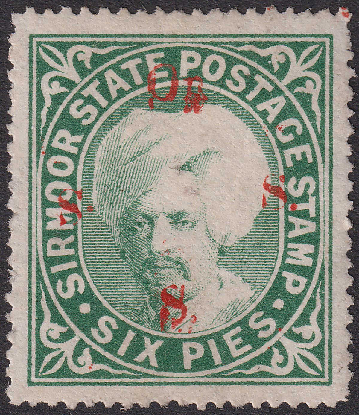 Indian States Sirmoor 1892 Official On SSS in Red 6p S Invert Unused SG64c c£40
