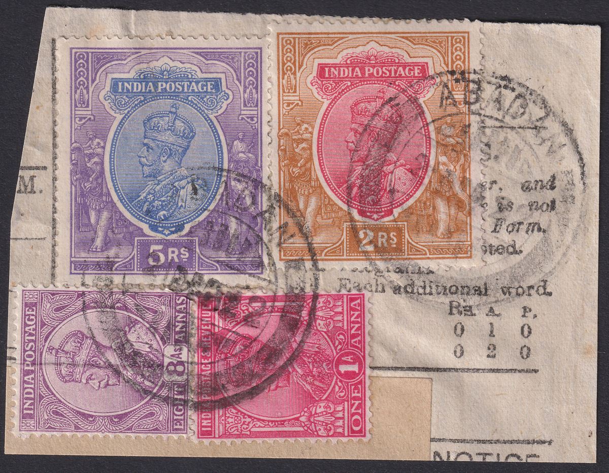 India used Abadan 1922 KGV 1a 8a 2r 5r Used ABADAN Postmark on Tel Piece SG Z19