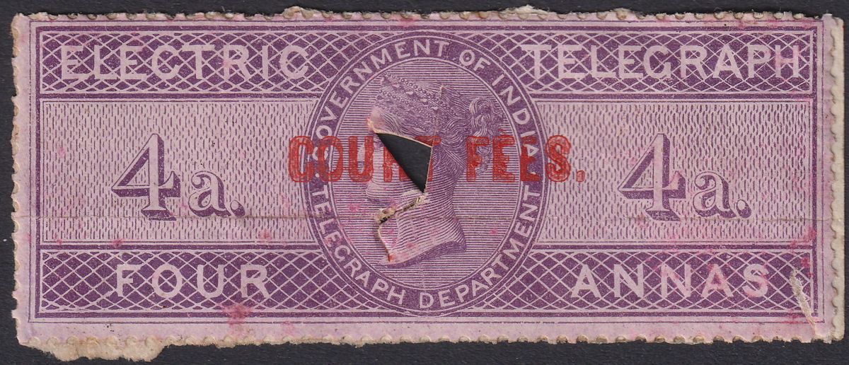 India 1870 QV Revenue Court Fees Opt on Electric Telegraph 4a Purple Used BF8