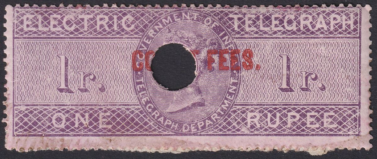 India 1870 QV Revenue Court Fees Opt on Electric Telegraph 1r Purple Used BF9