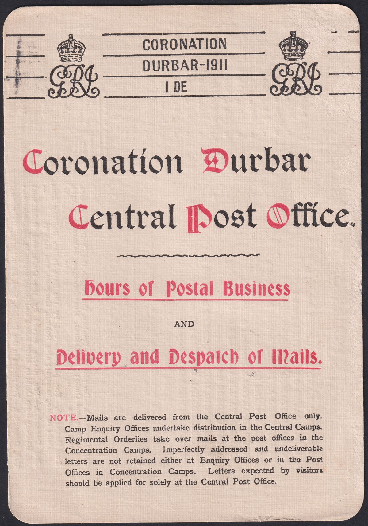 India 1911 KGV Coronation Durbar 1a 2a 3a CDS + Machine Postmark PO Info Leaflet